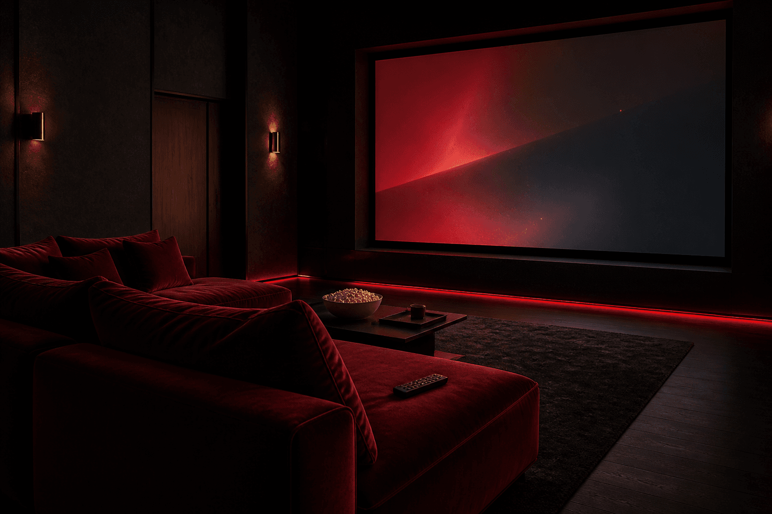 Sofá em sala de cinema em casa, tela acesa ao fundo